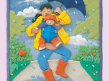 Plasticine image of a mom and her baby under a beautiful blue umbrella, walking through a puddle in a rain shower. They are both smiling and happy. From "Read me a Book" by Barbara Reid, published by Scholastic Canada Ltd., photograph by Ian Crysler.