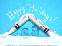 Photo of a broken crayon, illustrated with a holiday scene and Happy Holidays; by illustrator Debbie Ridpath Ohi.