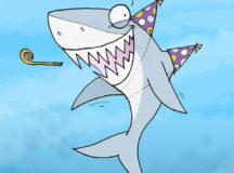 Party Shark, wearing two party hats and blowing a party-blower-thingy.